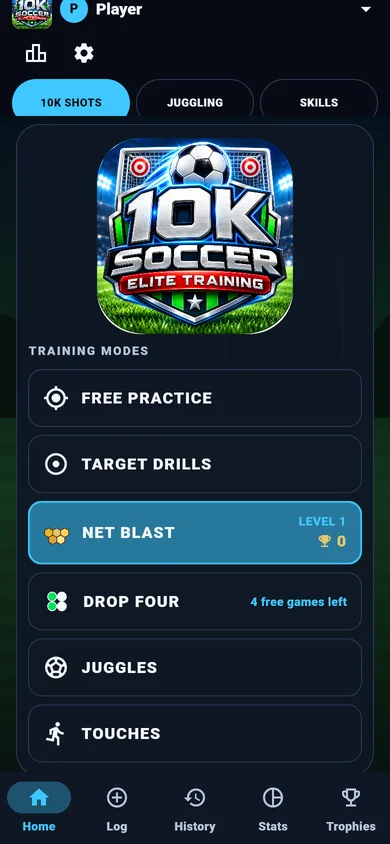 10K Soccer: Elite Training home screen with Free Practice, Target Drills, Net Blast, Drop Four, Juggles and Touches modes