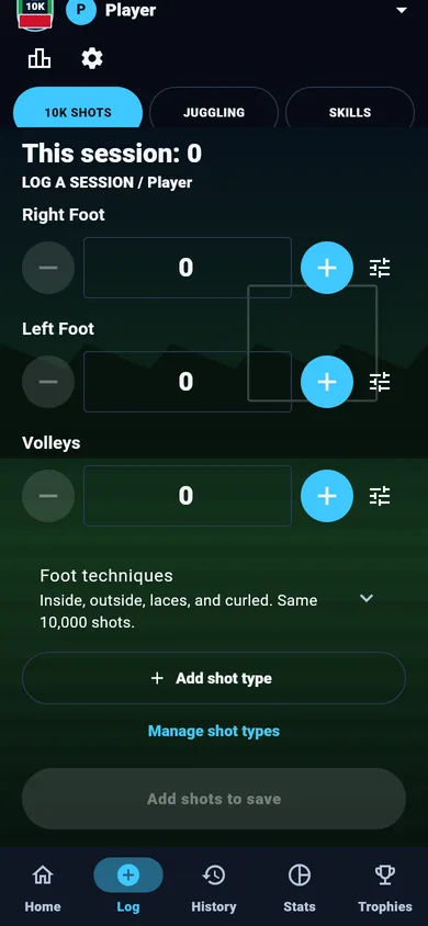 Shot logging screen with right foot, left foot and volley counters toward 10,000 shots